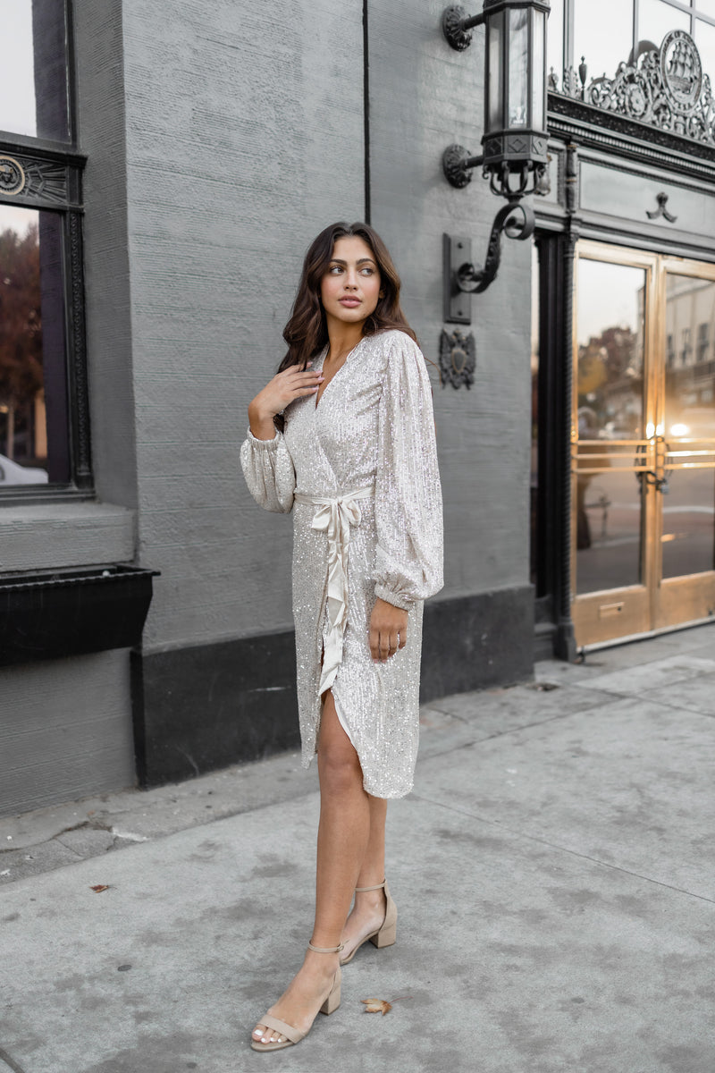 Gold Sequin Fringe Wrap Dress / New Years Eve / Holiday 2020 Midi