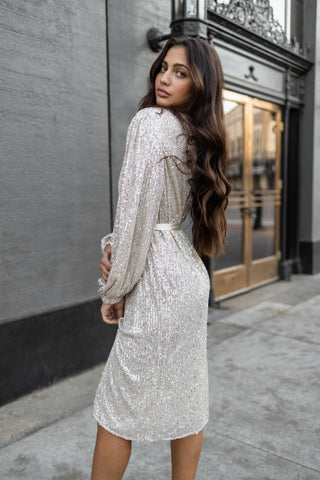 Holiday sequin wrap midi